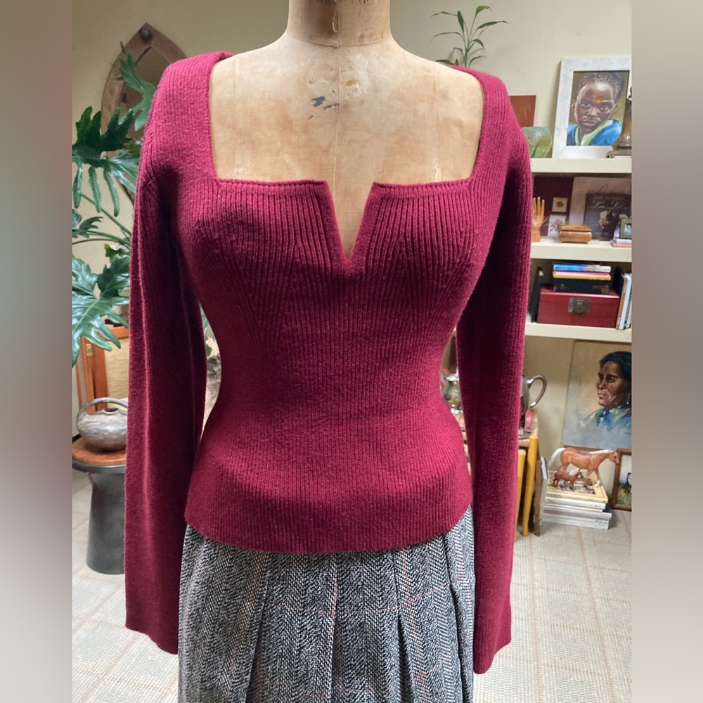 Lulu’s Power Charm Maroon Ribbed Notched Long Sleeve Sweater Top